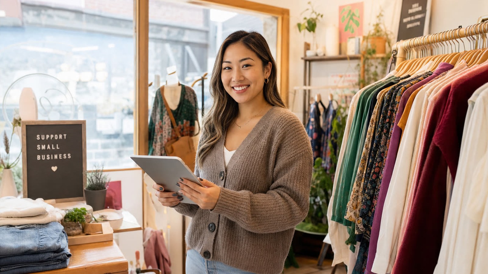 Small business owner managing inventory in a shop