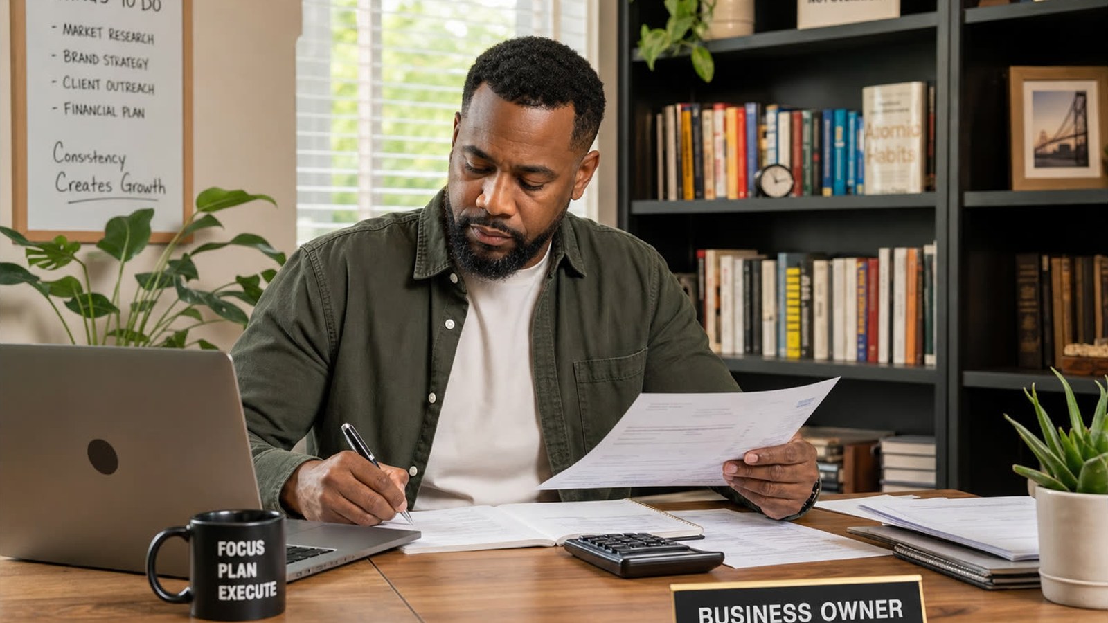 Owner organizing documents before a loan application