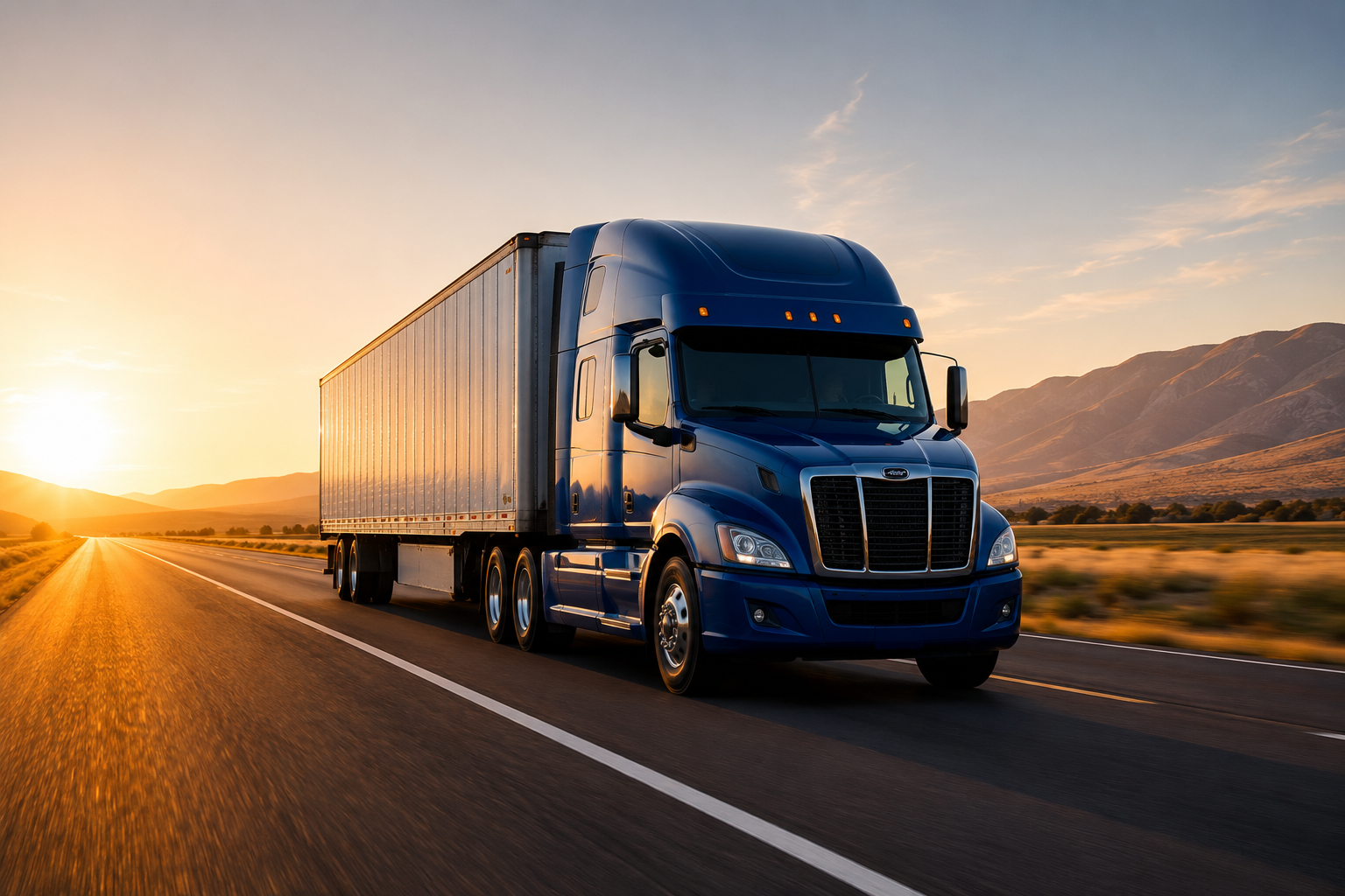 Blue semi truck on a highway representing trucking business loans and commercial truck financing