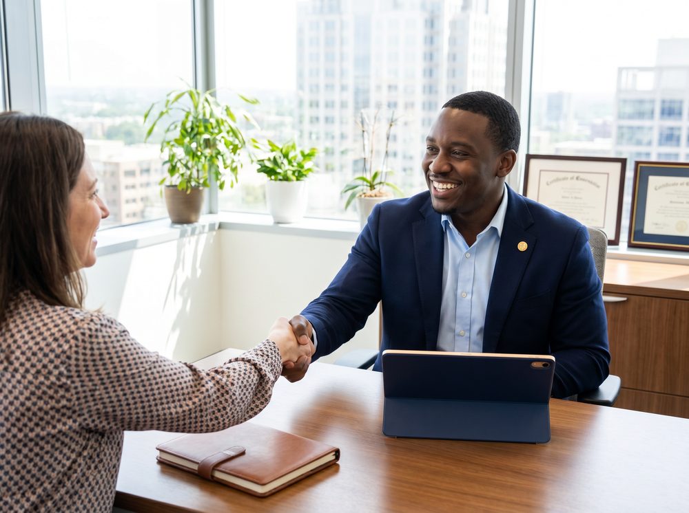 Funding advisor shaking hands with a small business owner across a desk